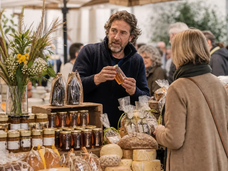 Producent presenteert honing, kaas en streekproducten op een evenementenmarkt
