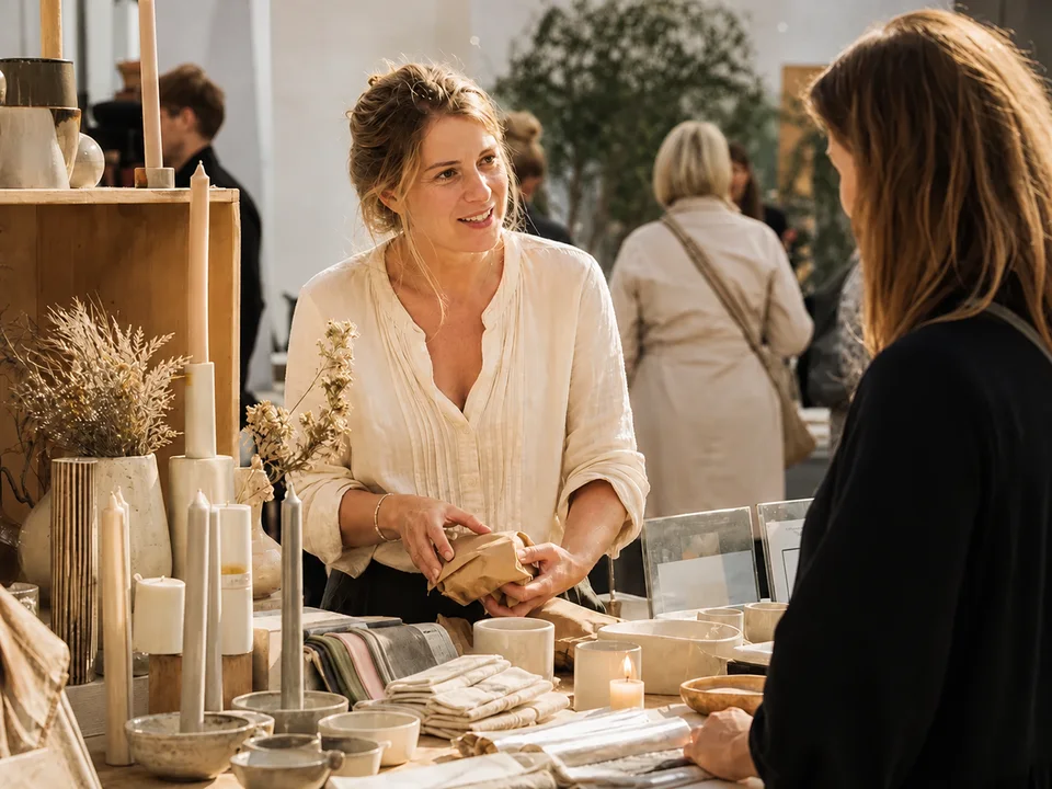 Maker verkoopt handgemaakte kaarsen, keramiek en textiel op een evenementenmarkt